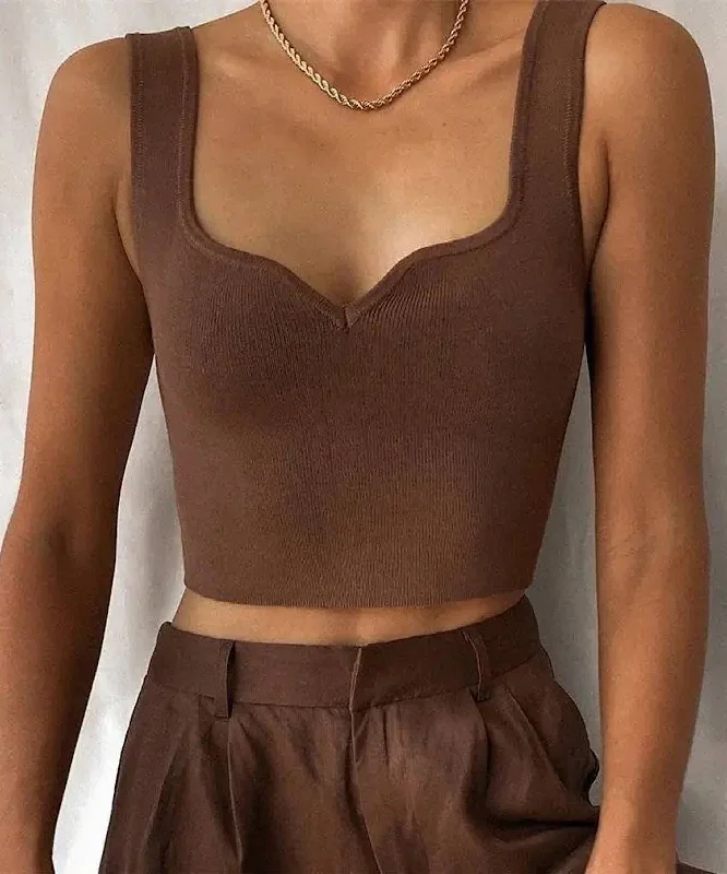 New Deal Basic Knitted Sleeveless Crop Top In Coffee