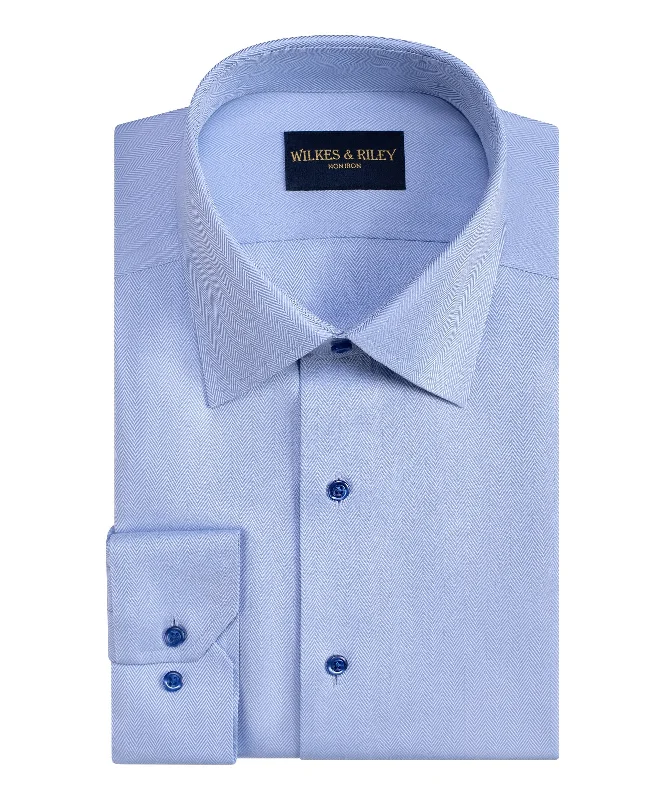 Stock Clearance Tailored Fit Blue Spread Collar Non-Iron Herringbone Dress Shirt