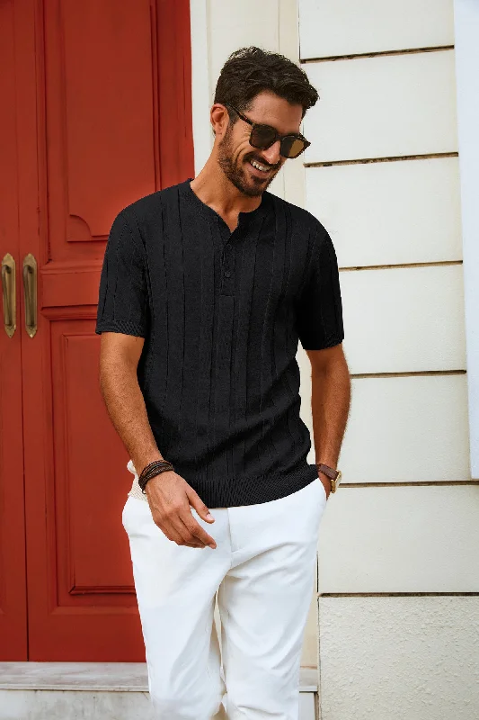 Clearance Items Men Textured Knitted T-Shirt Short Sleeve Henley Neck Knitwear Tops
