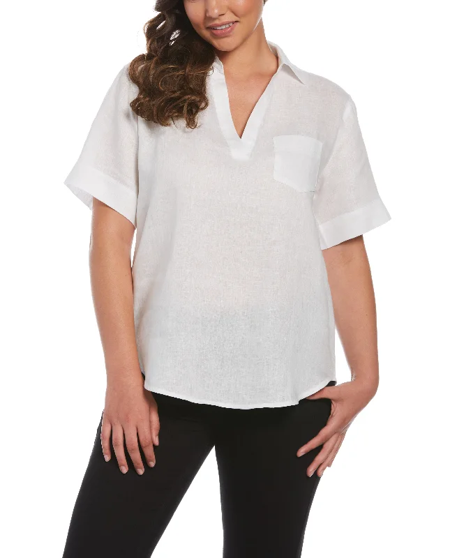 Weekend Offers That Impress Petite Split Neck Linen Top