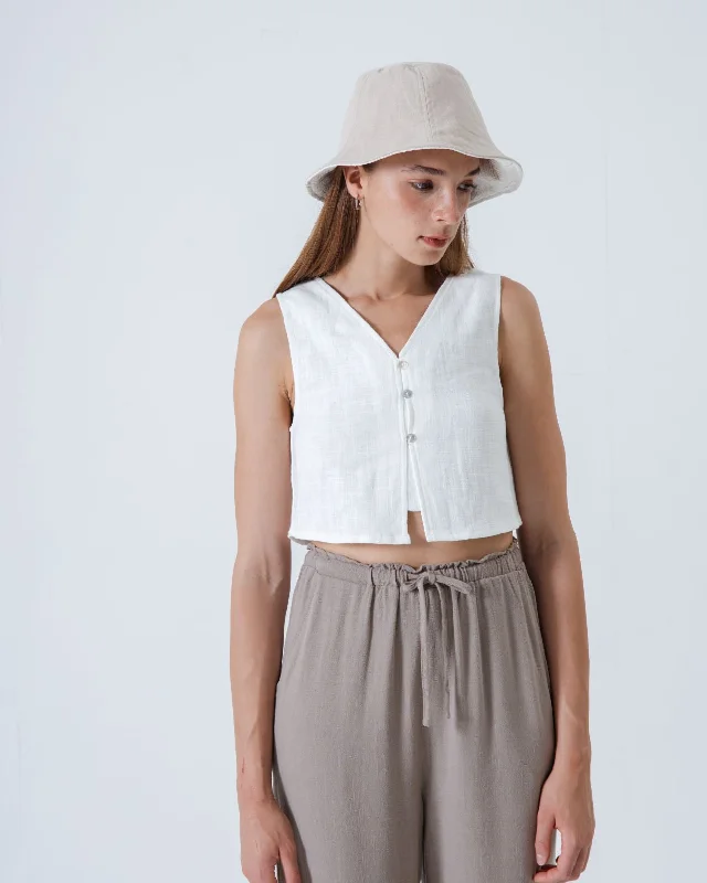 Markdown Sale V-neck Button Down Sleeveless Linen Top (White)