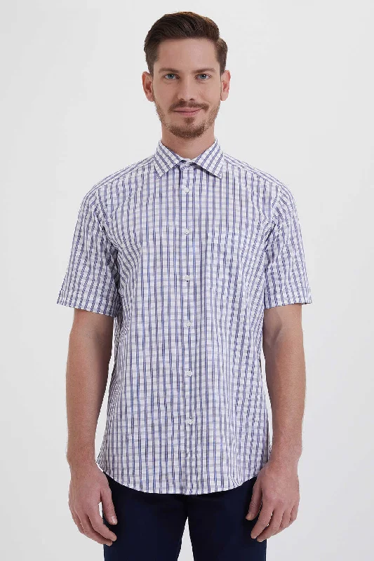 Stock Clearance Classic Fit Short Sleeve Plaid Cotton Blue Dress Shirt