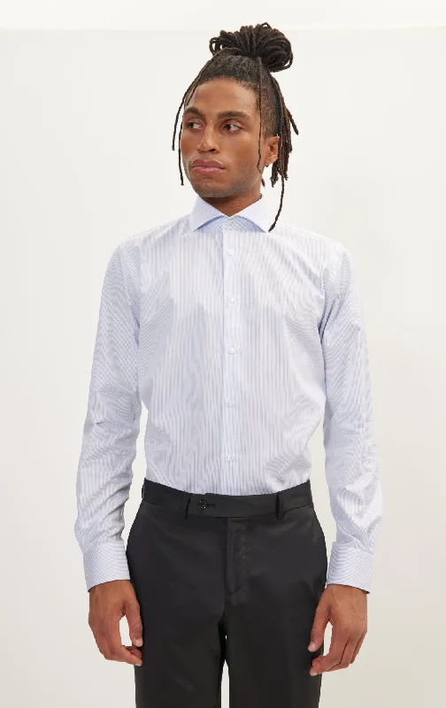 Weekend Savings Fiesta Pure Cotton French Placket Spread Collar Dress Shirt - White Dark Blue Striped