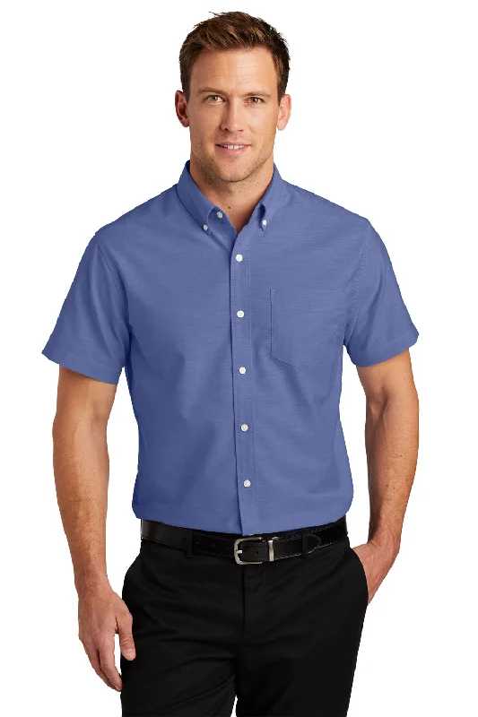 Weekend Discounts to Delight Port Authority Mens SuperPro Oxford Wrinkle Resistant Short Sleeve Button Down Shirt w/ Pocket - Navy Blue