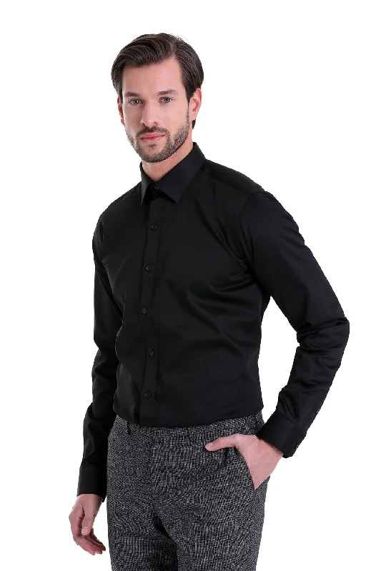 Best Deals Comfort Fit Straight-Point Collar Cotton Black Dress Shirt