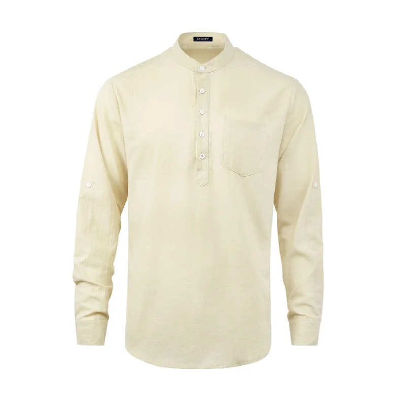 Hot Deal Men‘s Henley Shirt Lightweight with Pocket - BEIGE-1