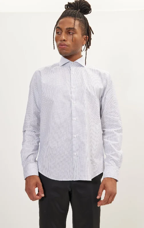 Overstock Pure Cotton French Placket Spread Collar Dress Shirt - White Navy Jacquard