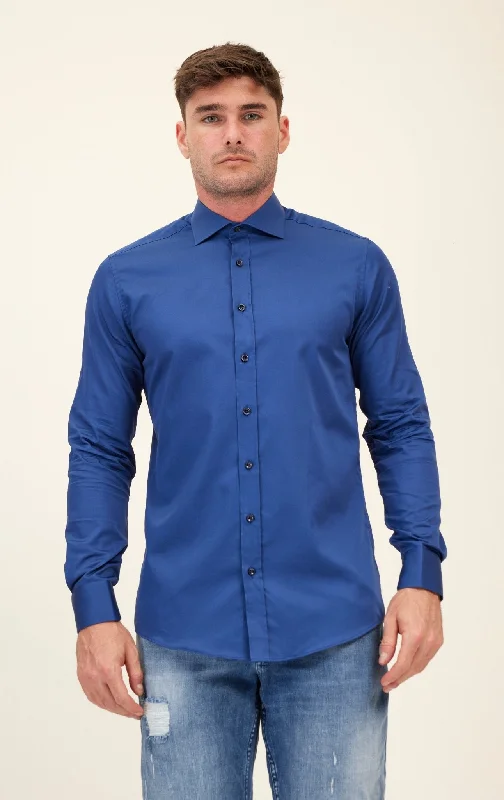 Weekend Bargains to Cherish Pure Cotton Spread Collar Fitted Dress Shirt - Navy