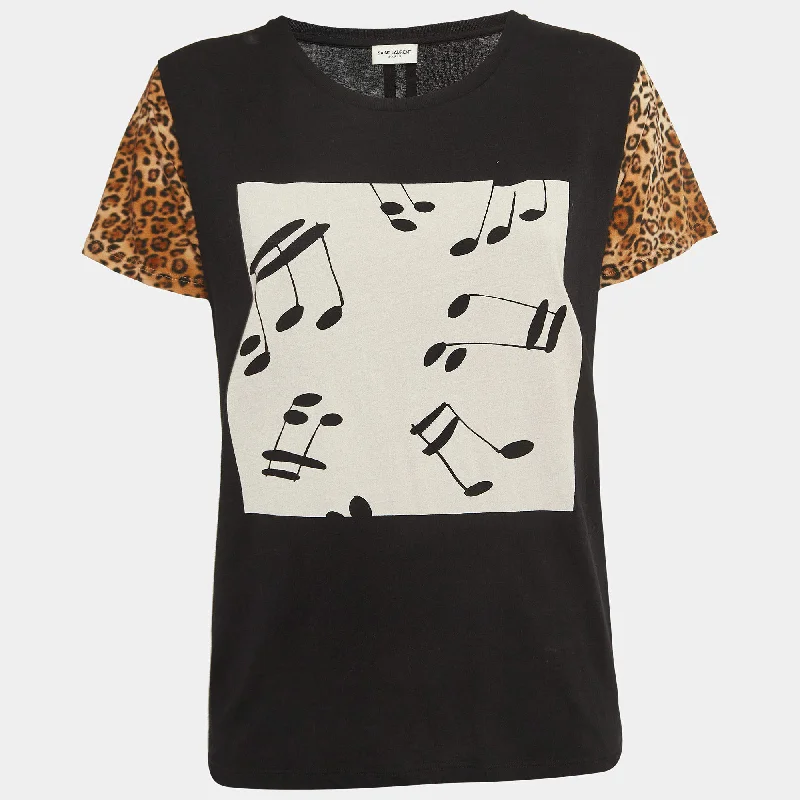 Savings Alert Saint Laurent Black Graphic T-Shirt with Leopard Sleeves