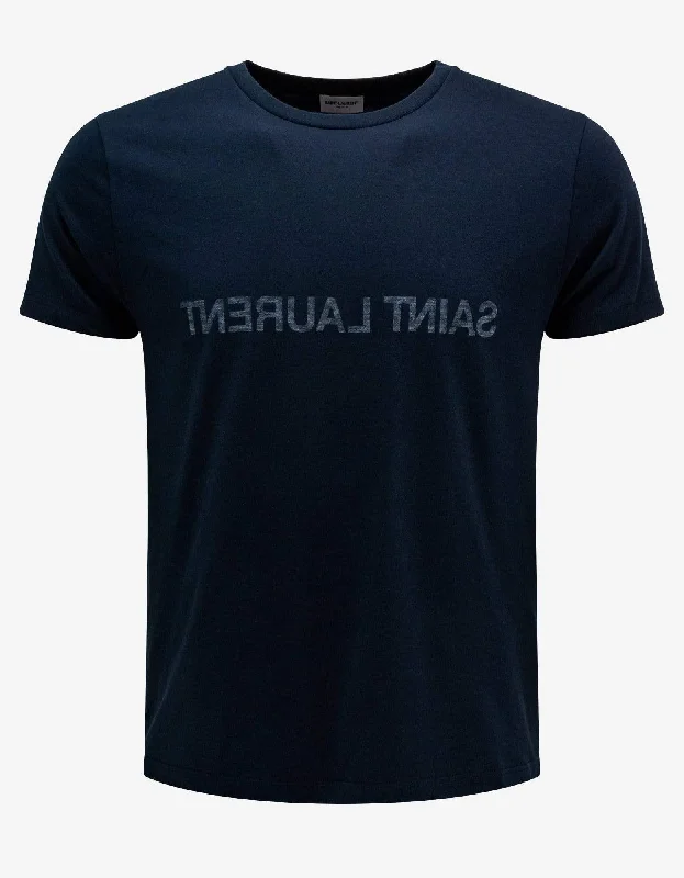 Don’t Miss Out Saint Laurent Navy Blue Reverse Logo Print T-Shirt