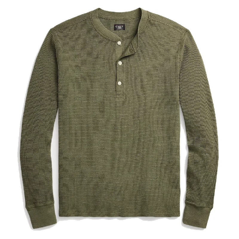 Price Buster RRL by Ralph Lauren Garment-Dyed Waffle-Knit Henley Shirt Olive