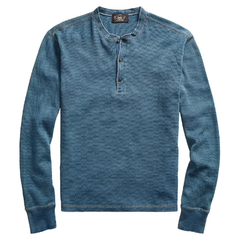Price Drop Alert RRL by Ralph Lauren Waffle Knitted Cotton Henley Washed Blue Indigo