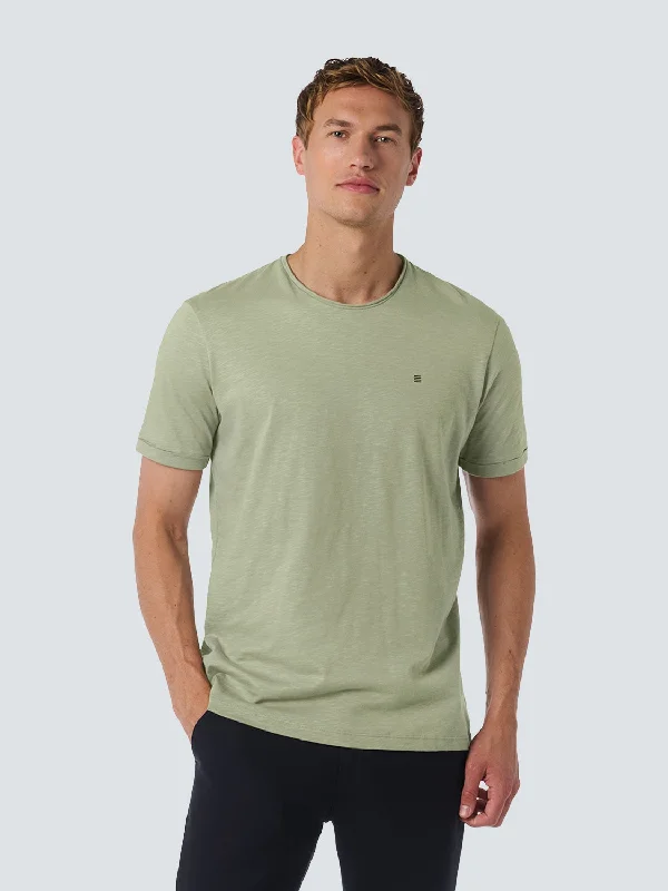 Weekend Flash Sale Round Neck T-Shirt with Rolled Sleeve Cuffs and Subtle Logo Print | Smoke